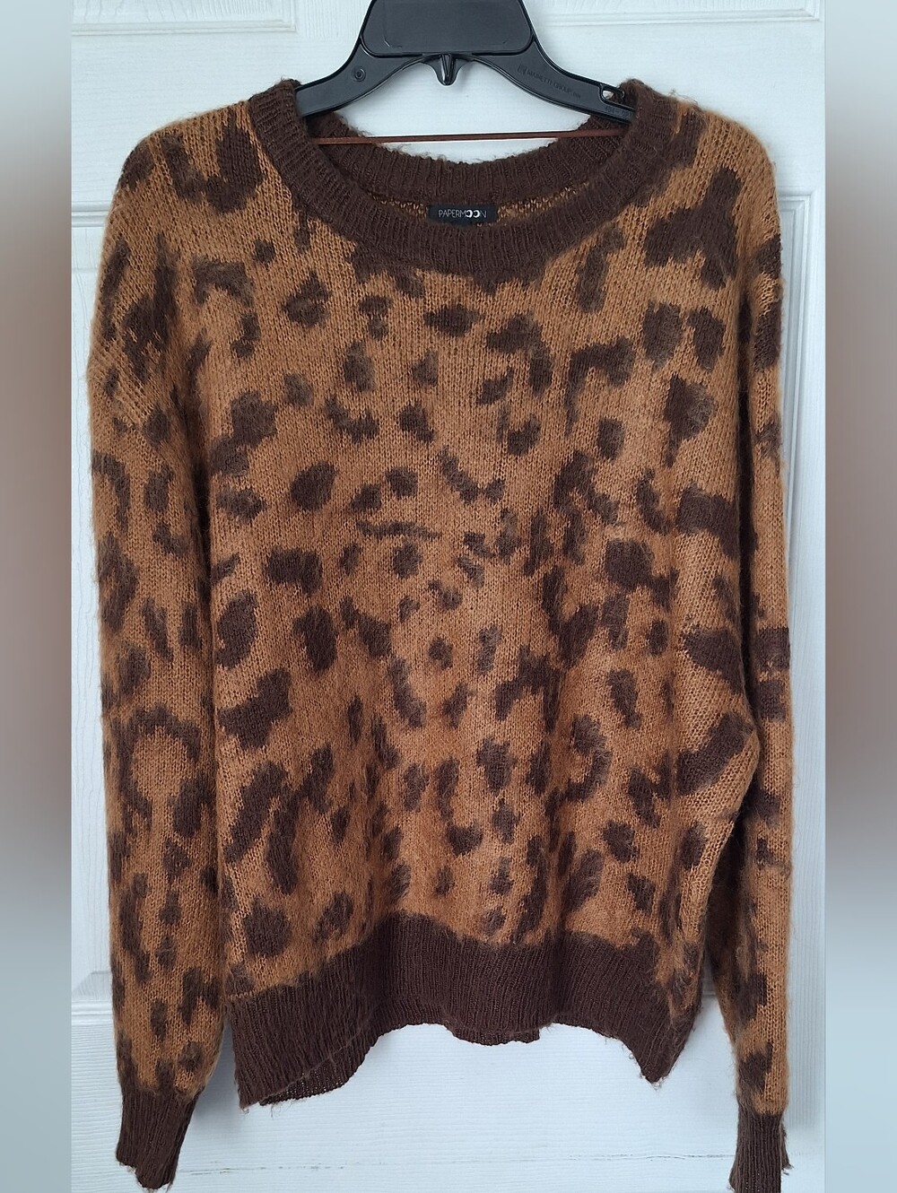 Paper Moon Leopard Print Fuzzy Knit Sweater Brown Tan Size Large